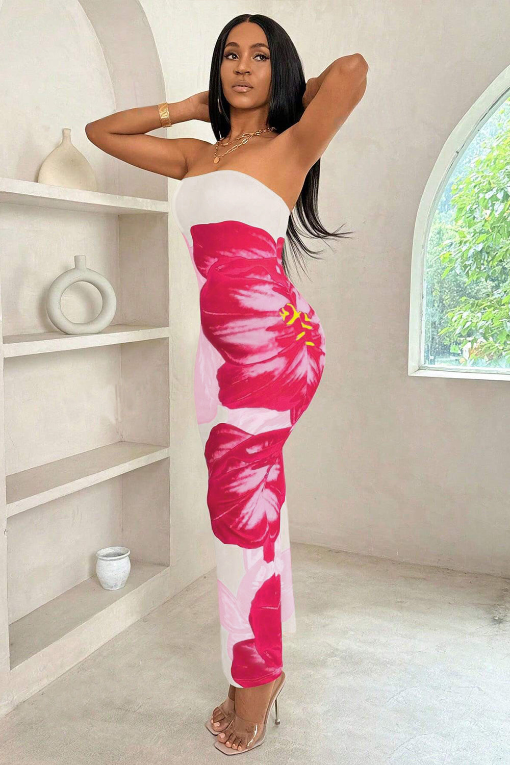 Floral Print Bodycon Maxi Tube Dresses-White