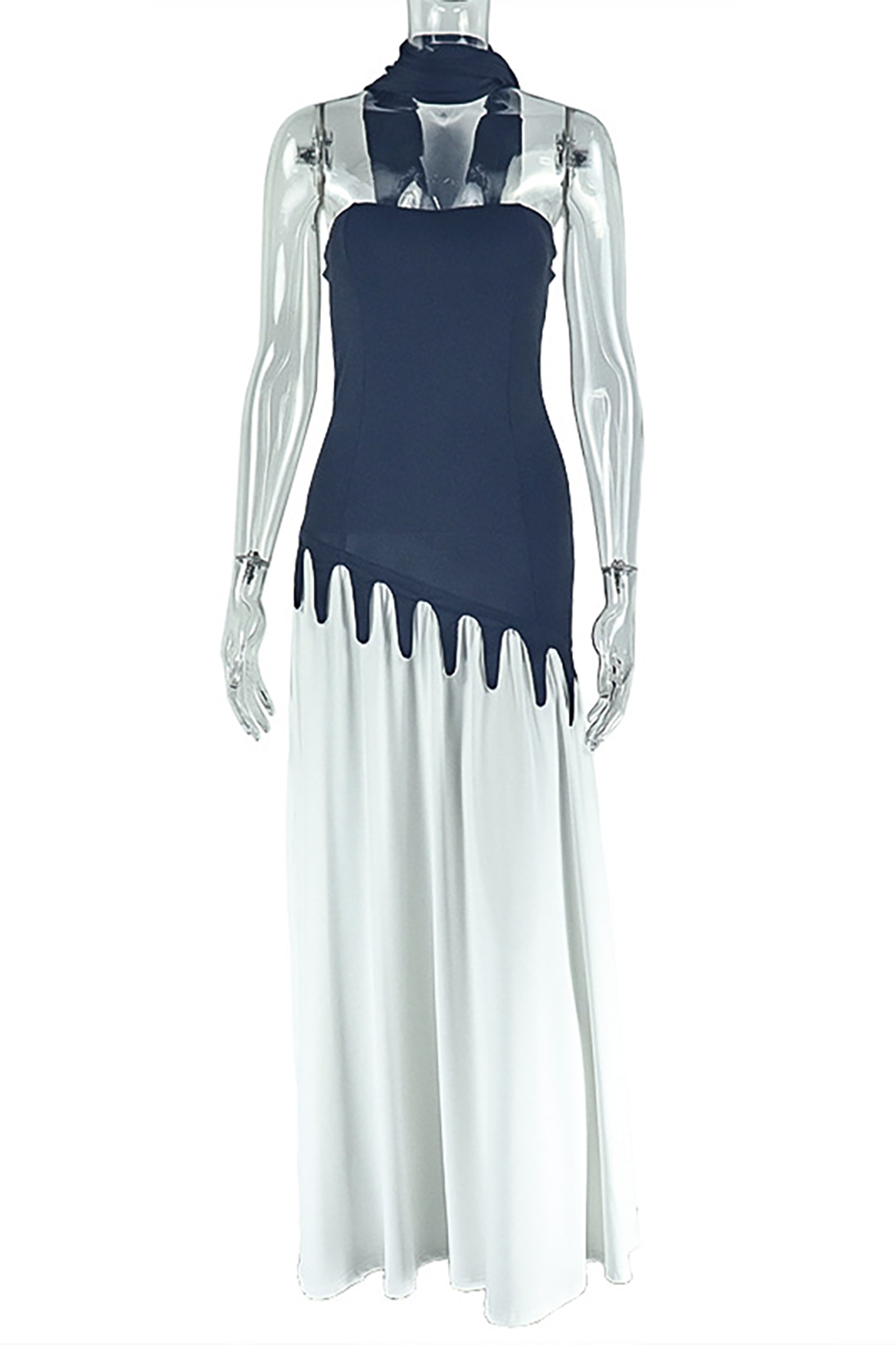 Strapless Cinch Waist Colorblock Patchwork Asymmetrical Maxi Dresses-Black