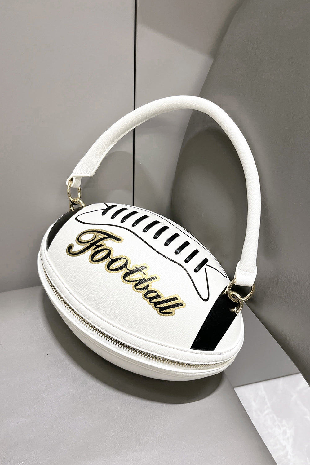 Letter Colorblock Print Zipper American Football Shaped Handbag