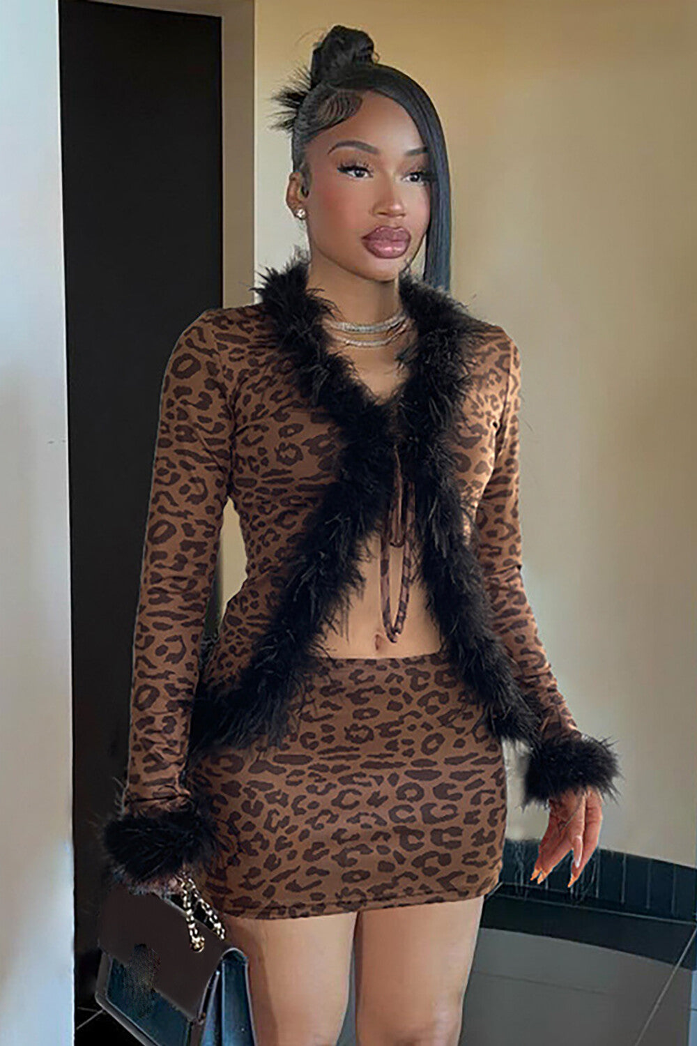 Faux Fur Trim Tie Up Long Sleeve Top Leopard Print Mini Skirt 2pcs Set-Brown