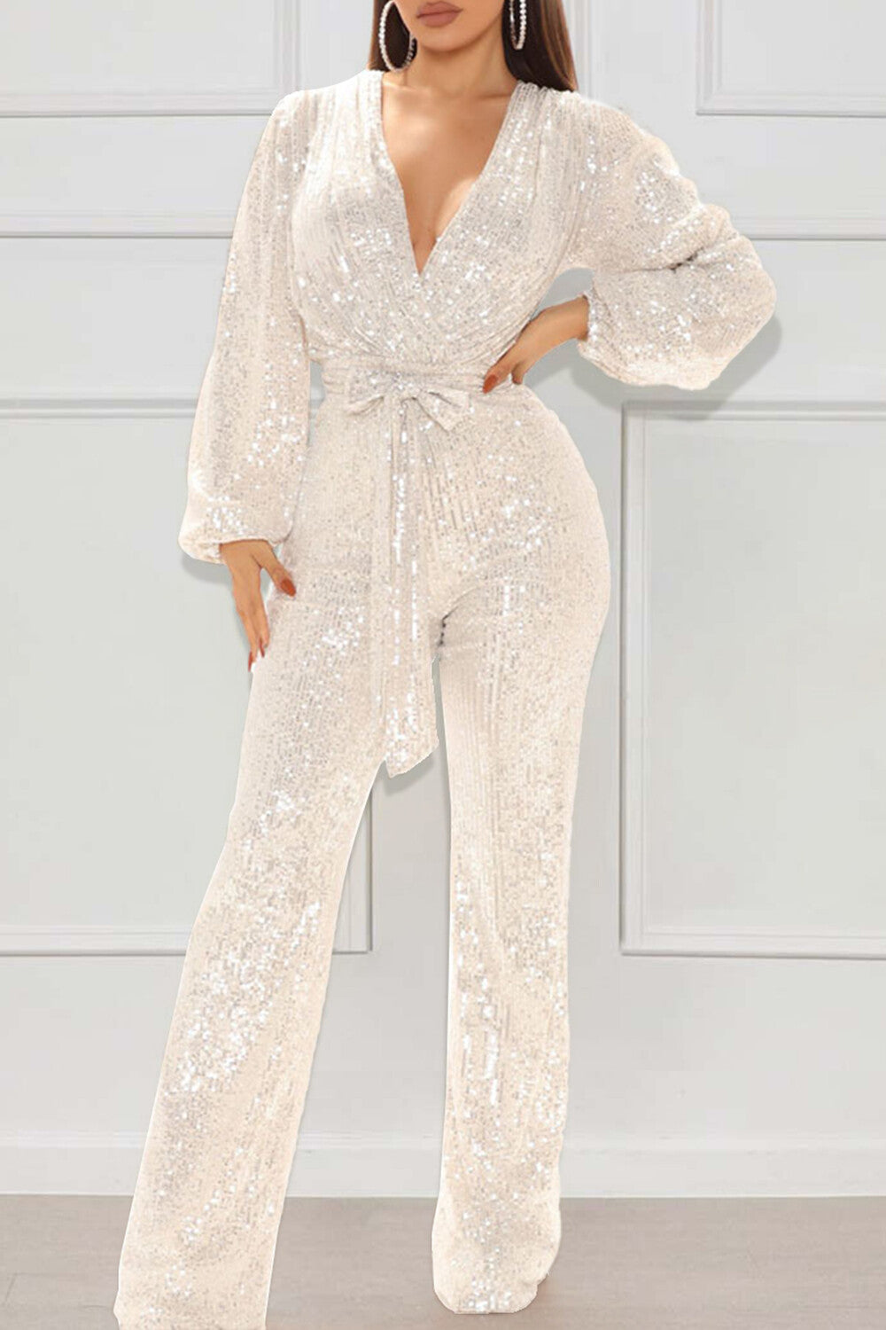 Deep V Neck Lantern Sleeve Sequin Tie Up Party Jumpsuit-Black