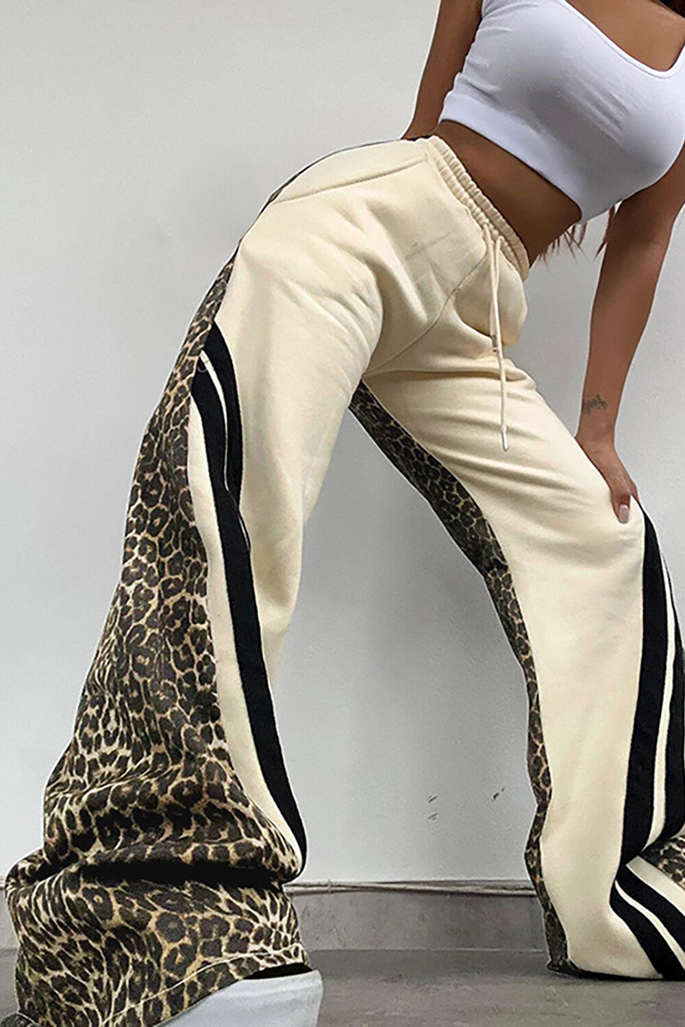 Leopard Print Striped Wide Leg Casual Pants-Beige