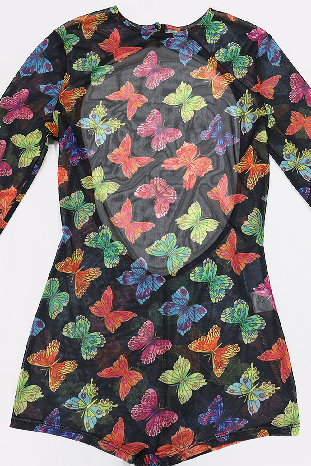 Butterflies Print Long Sleeve See Through Mesh Playsuit Romper-Black