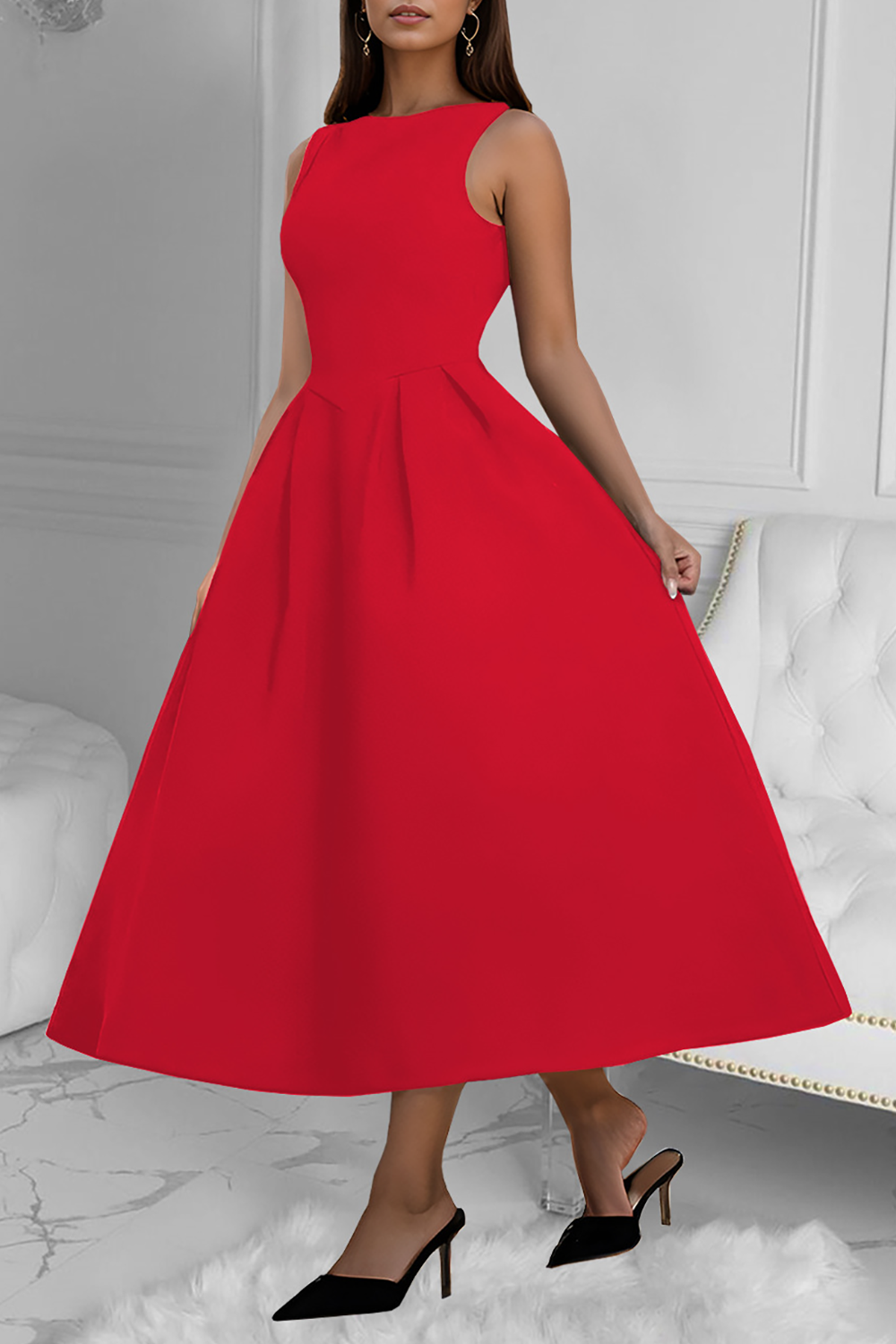 Solid Color Open Back A-Line Midi Tank Dresses-Black
