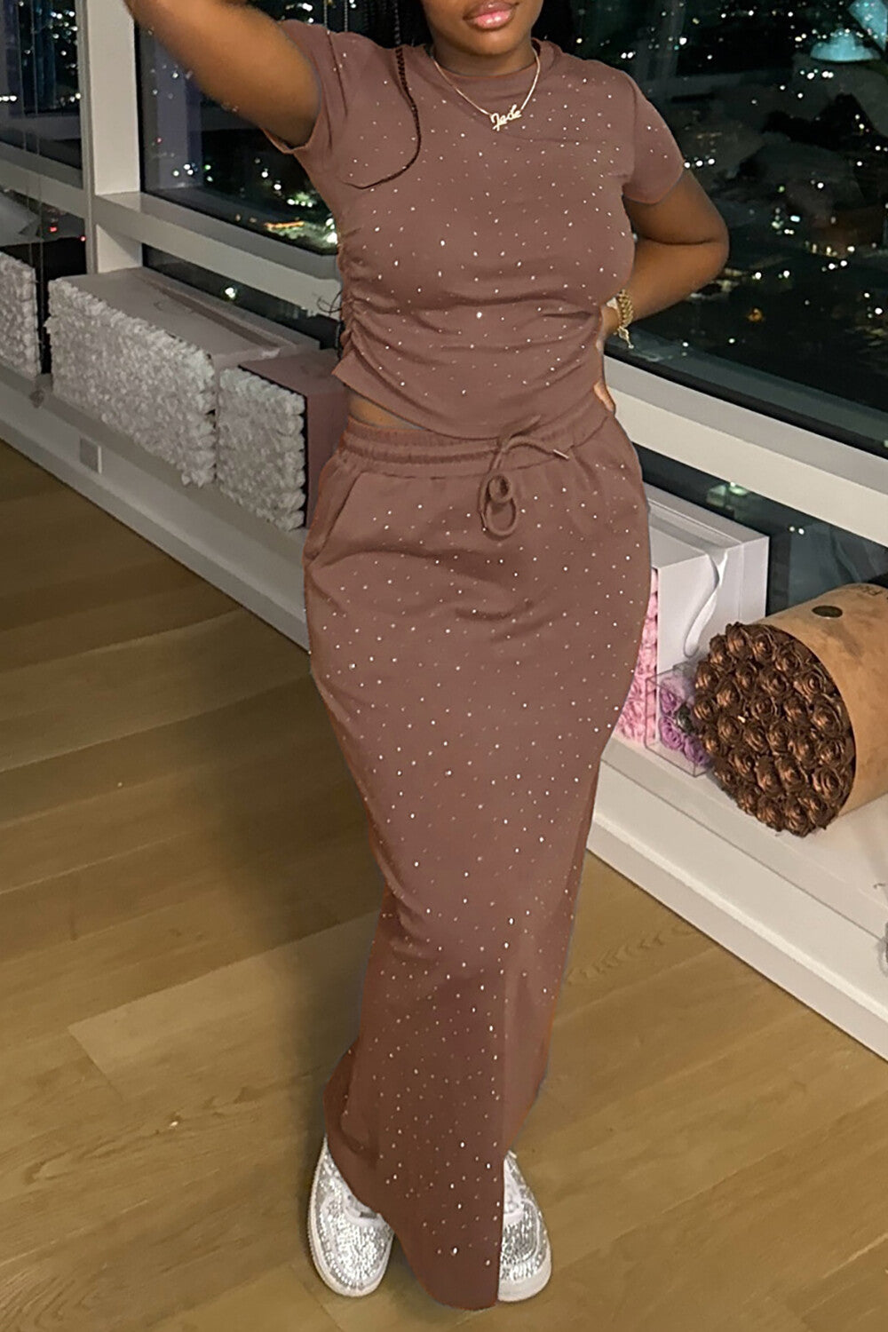 Hot Drilling Short Sleeve T-shirt Tie Up Bodycon Maxi Skirt 2pcs Set-Brown