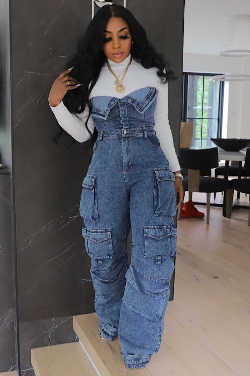 Strapless Multi Flap Pocket Denim Cargo Jumpsuit