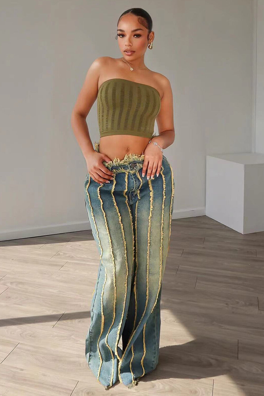 Raw Edge Distressed Denim High Waist Wide Leg Jeans-Blue