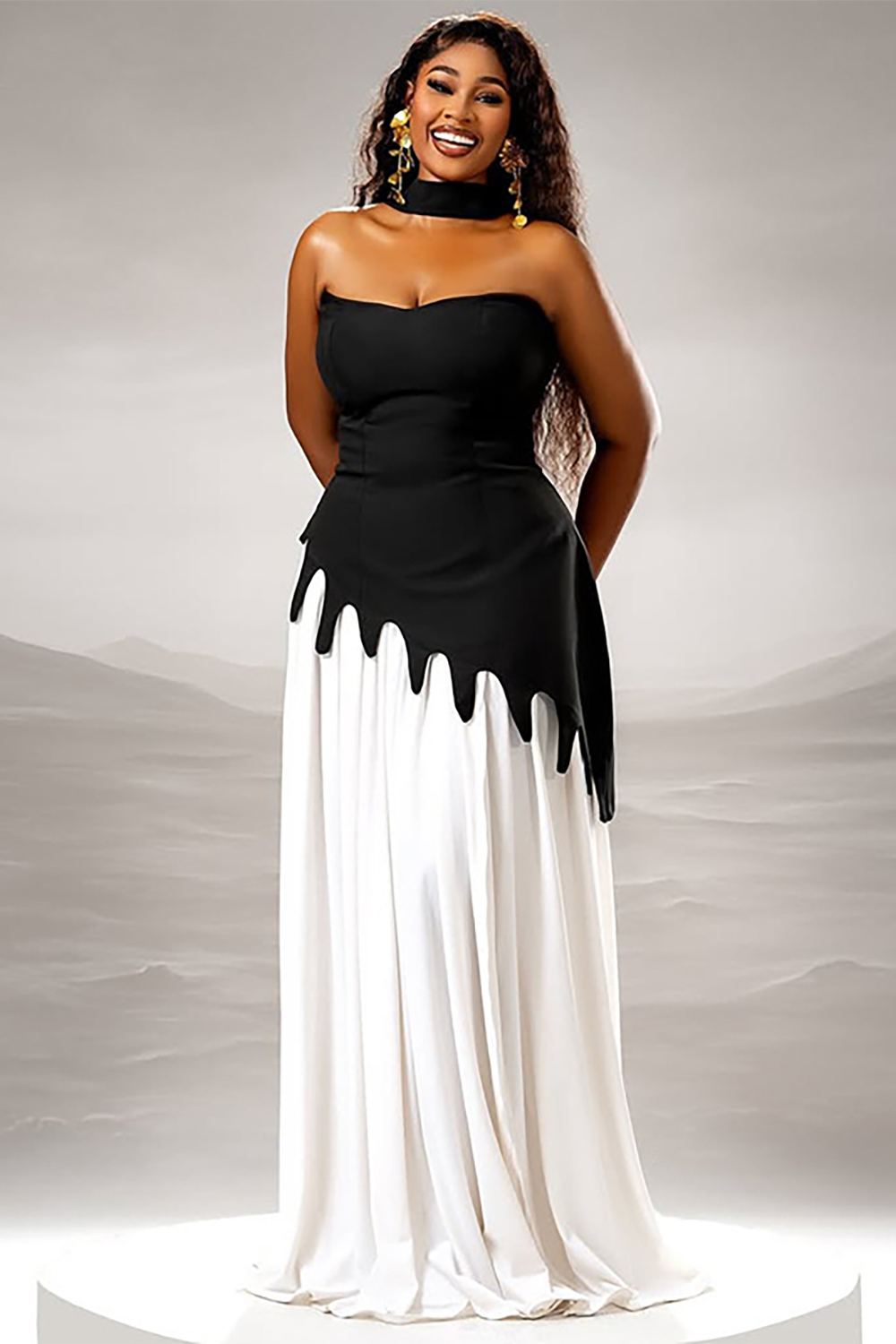 Strapless Cinch Waist Colorblock Patchwork Asymmetrical Maxi Dresses-Black