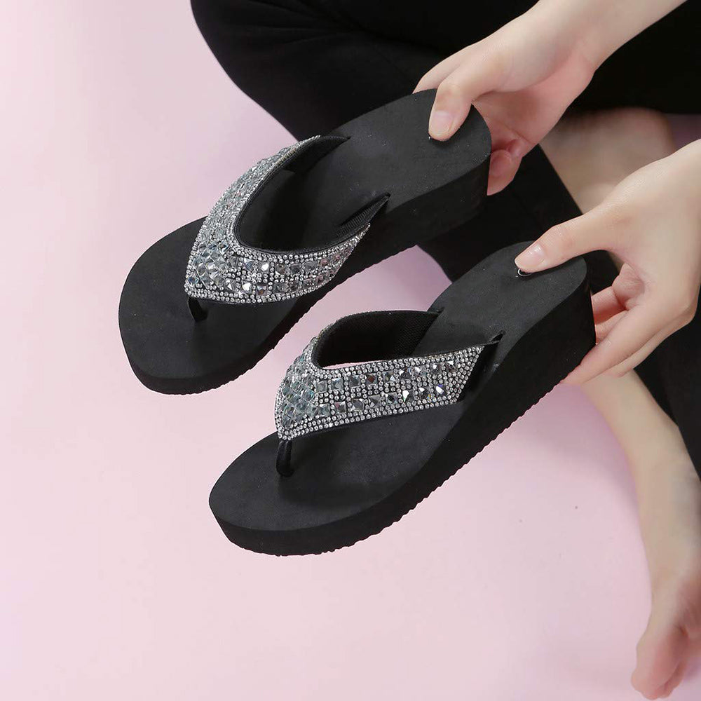 Rhinestone Decor Round Toe Flip Flops Wedge Slippers-Black