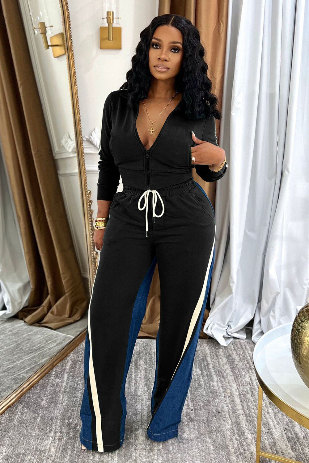 Zipper Pocket Crop Track Jacket Denim Patchwork Tie Up Pants 2pcs Set-Green