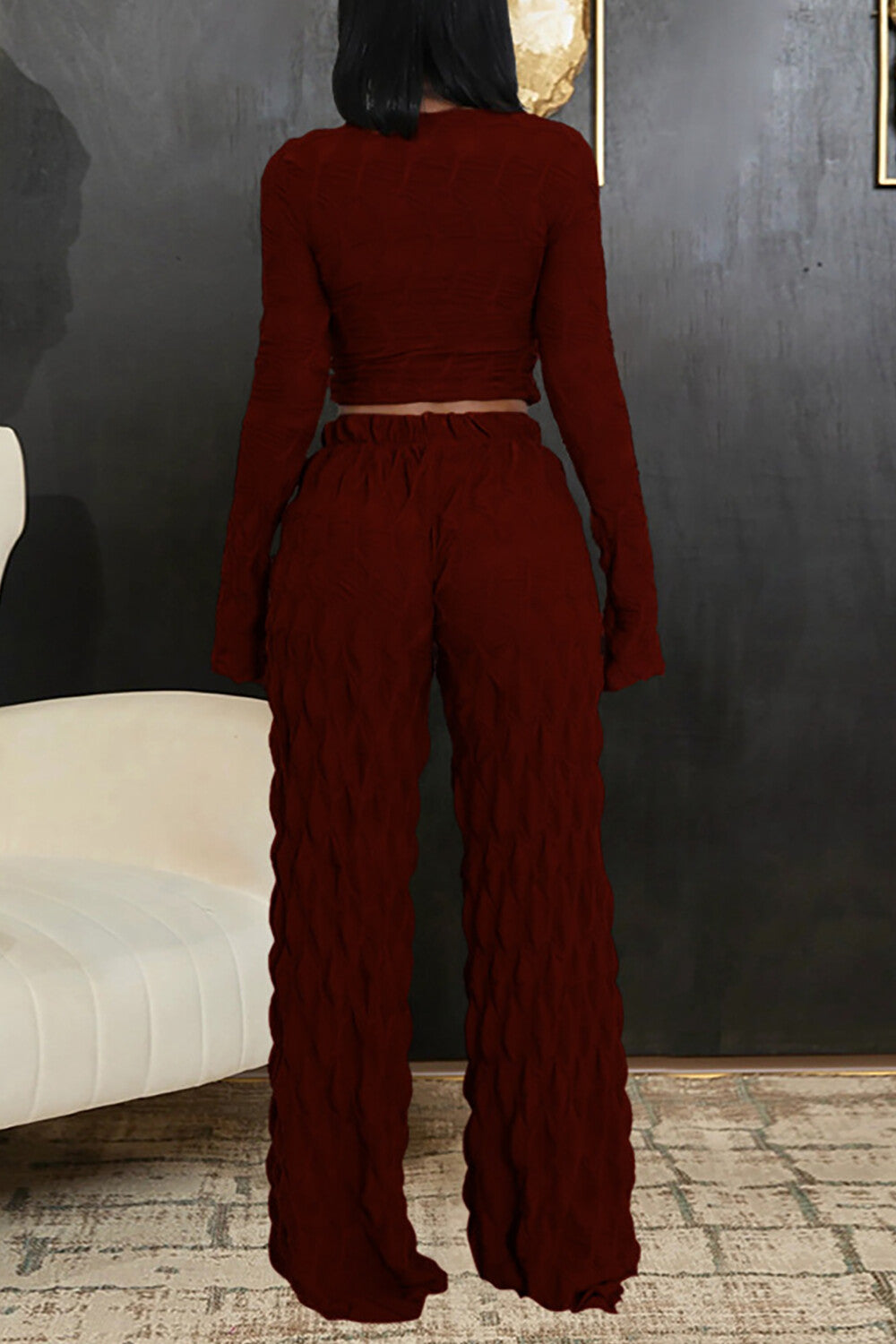 U Neck Long Sleeve Crop Top Textured Wide Leg Pants Matching Set-Brown