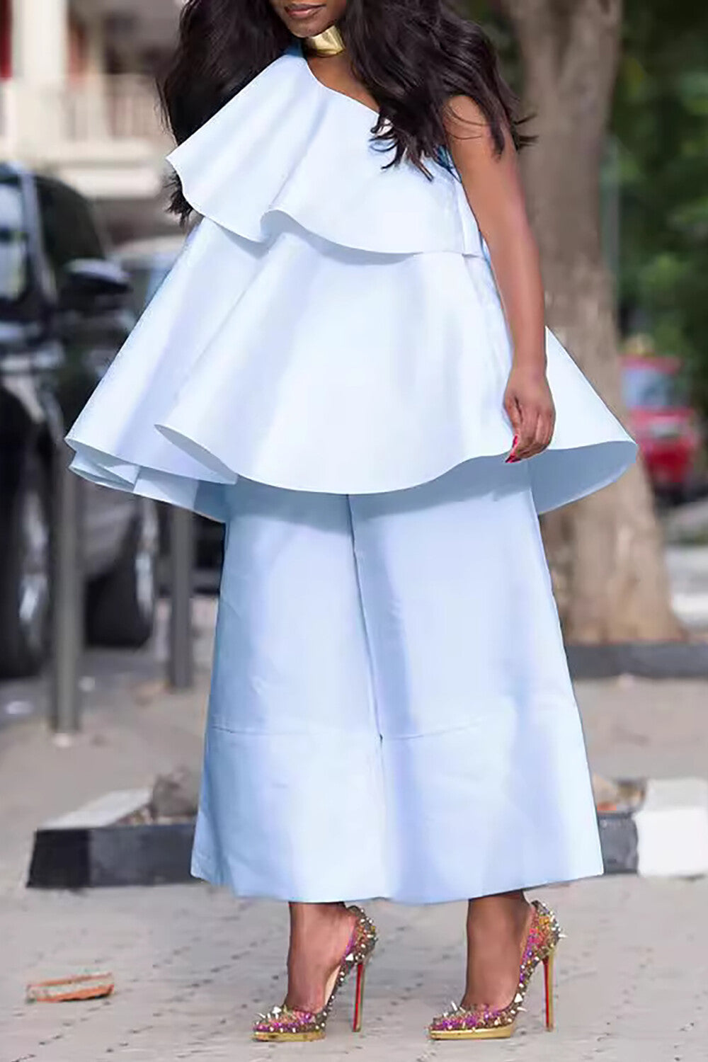 One Shoulder Ruffled Loose Fit A-Line Top Wide Leg Pants 2pcs Set-White