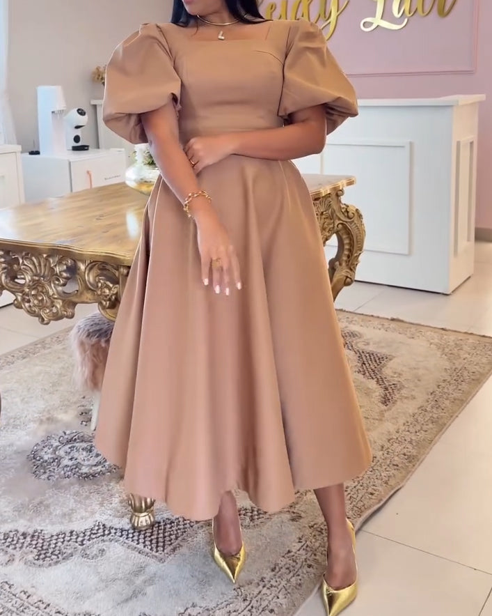 Women Summer Formal Elegant Square Neck Short Sleeve A-Line Midi Dress