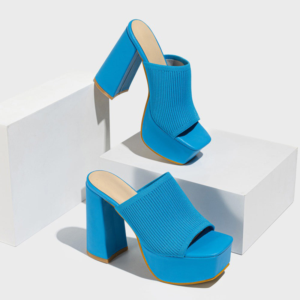 Knitted Solid Color Open Toe Slip On Platform Chunky Heels-Green