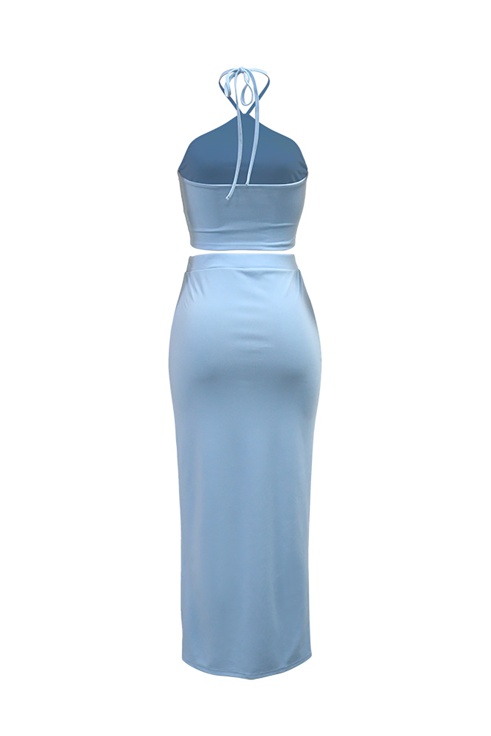 Solid Color Halter Crop Top 3D Flower Ruffled Slit Bodycon Maxi Skirt Set-Blue