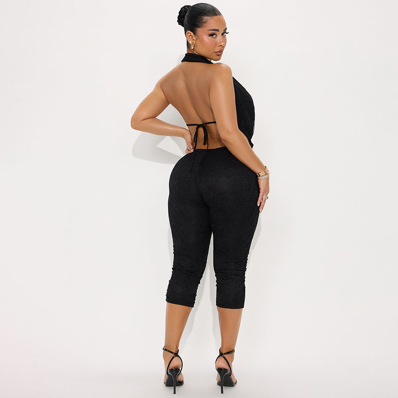 Women's Lace Swing Collar Halter Bare Back Tight One-Piece Cropped Trousers Jumpsuit
