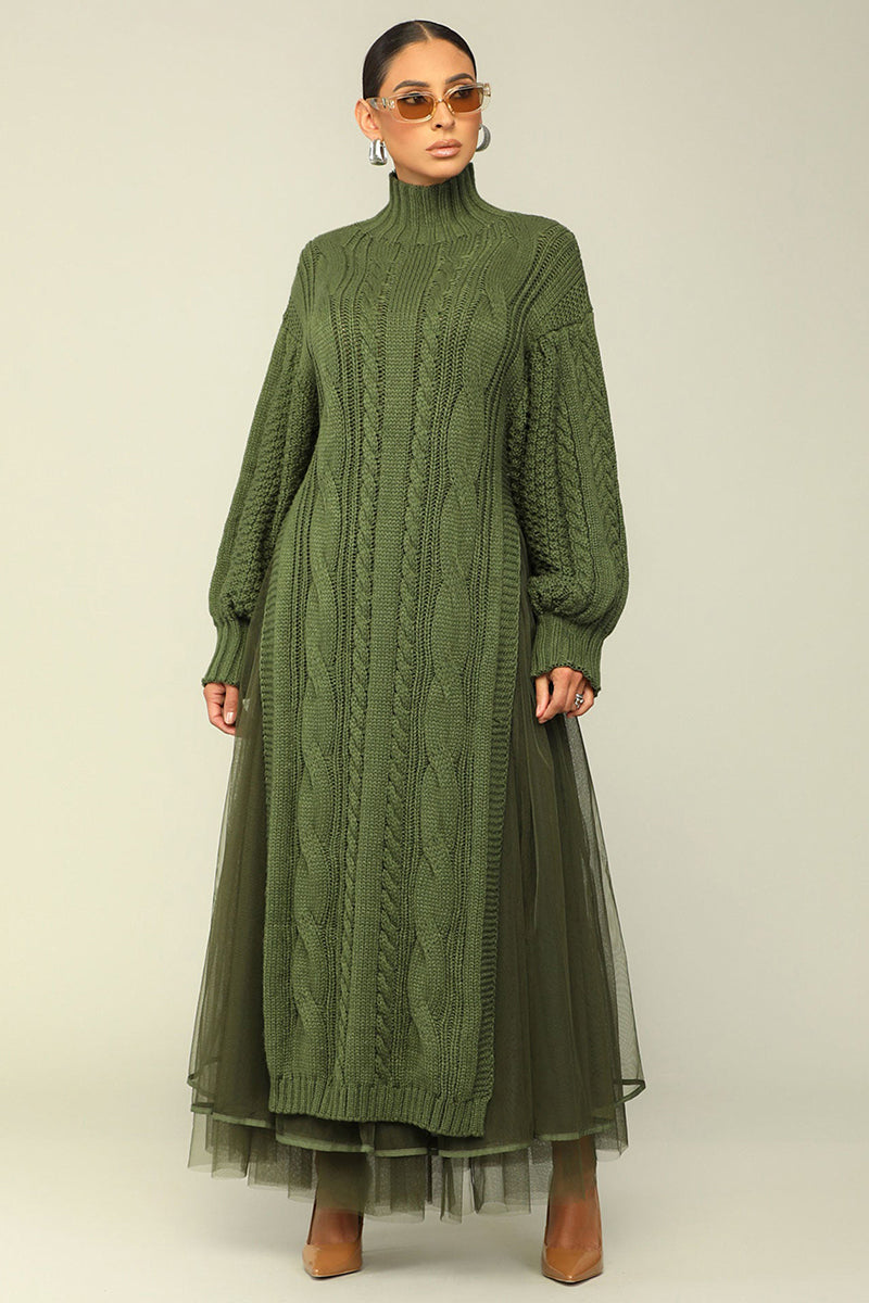 Weave Pattern Knit Lantern Sleeve Slit Maxi Dresses Tulle Maxi Skirt Matching Set