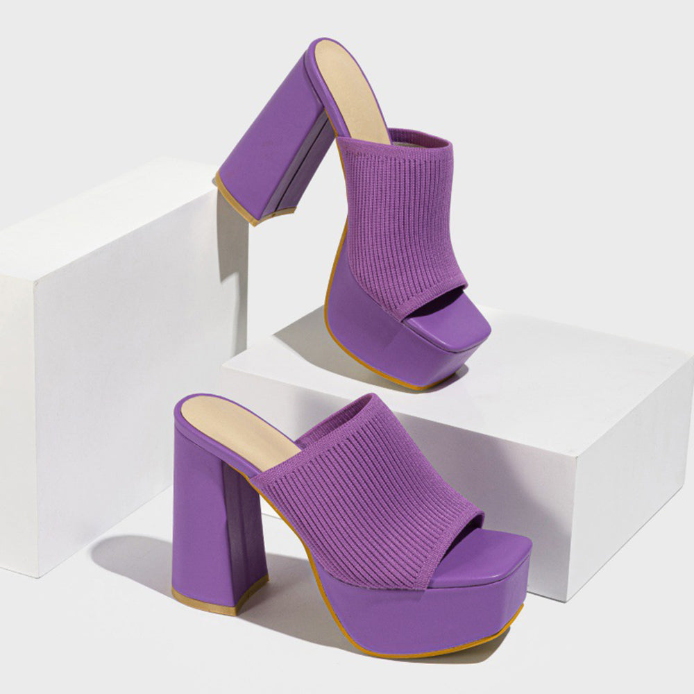 Knitted Solid Color Open Toe Slip On Platform Chunky Heels-Green