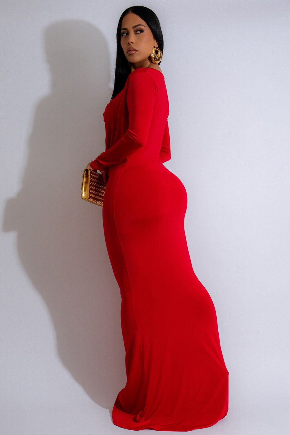 Alloy Decor Bra Cowl Neckline Fishtail Gowns Maxi Dresses 2pcs Set-Red