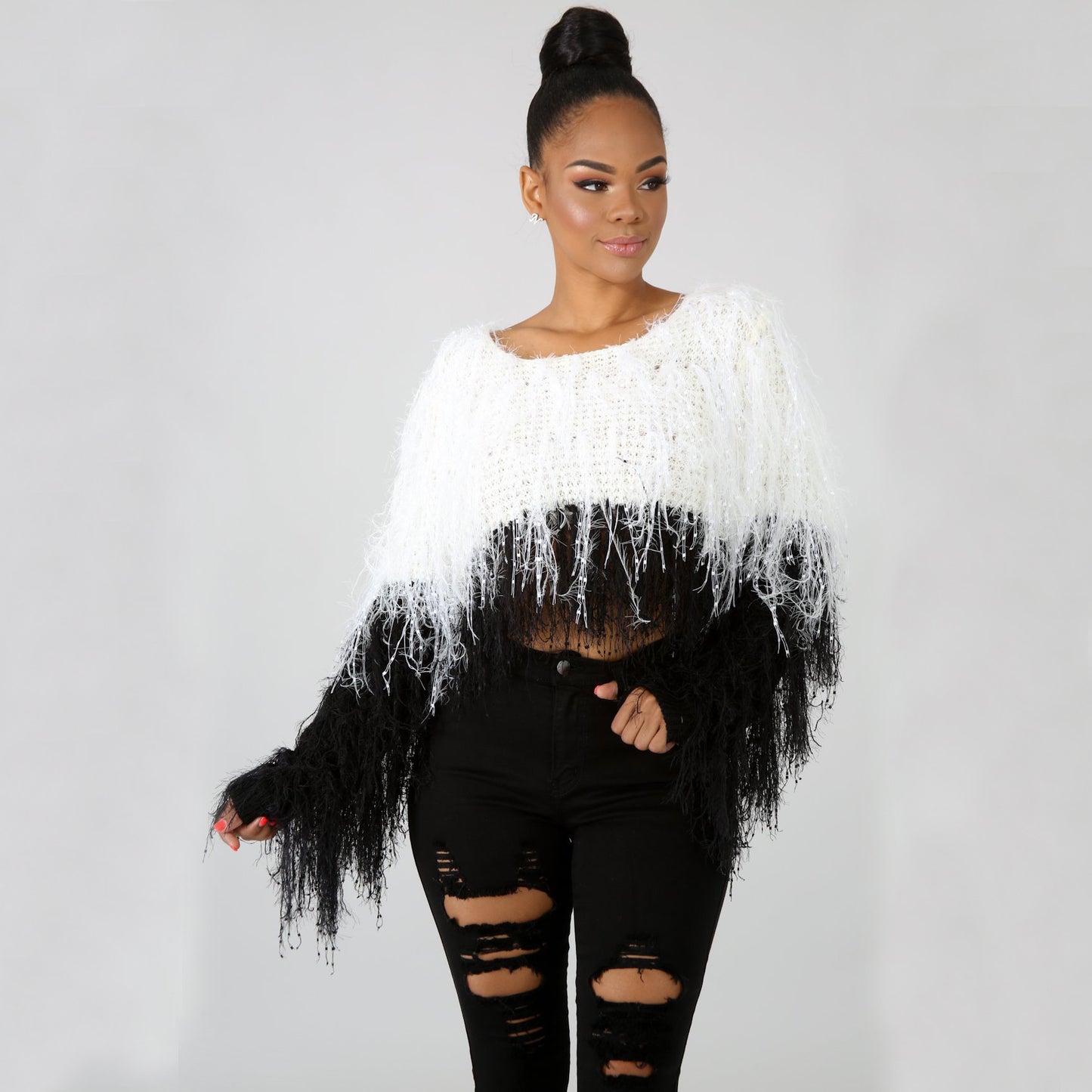 Women's sweater coat handmade tassel knitted pullover sweater