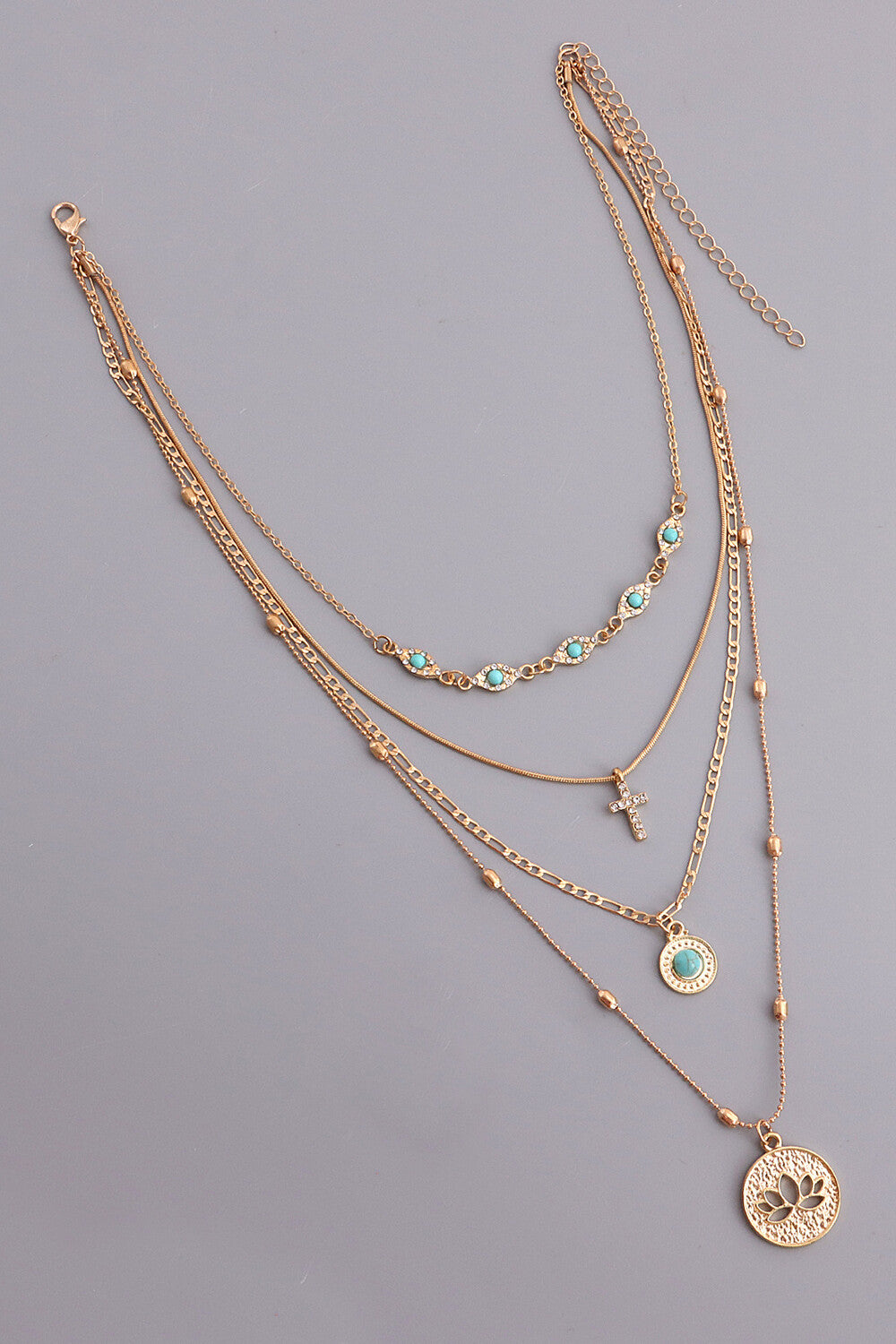 Cutout Flower Cross Mixed Pendants Fashionable Four-Layered Necklace