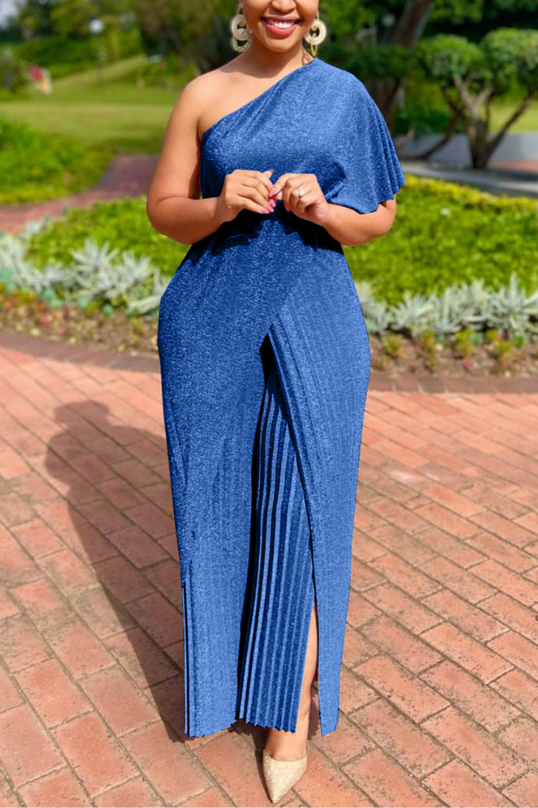One Shoulder Glitter Pleated Jumpsuit