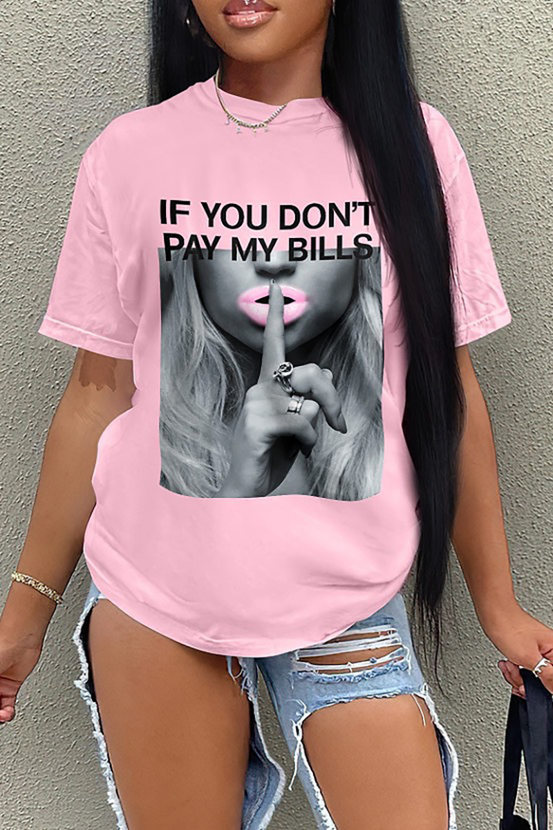Figure Letter Print Round Neck Short Sleeve T-shirt-Black