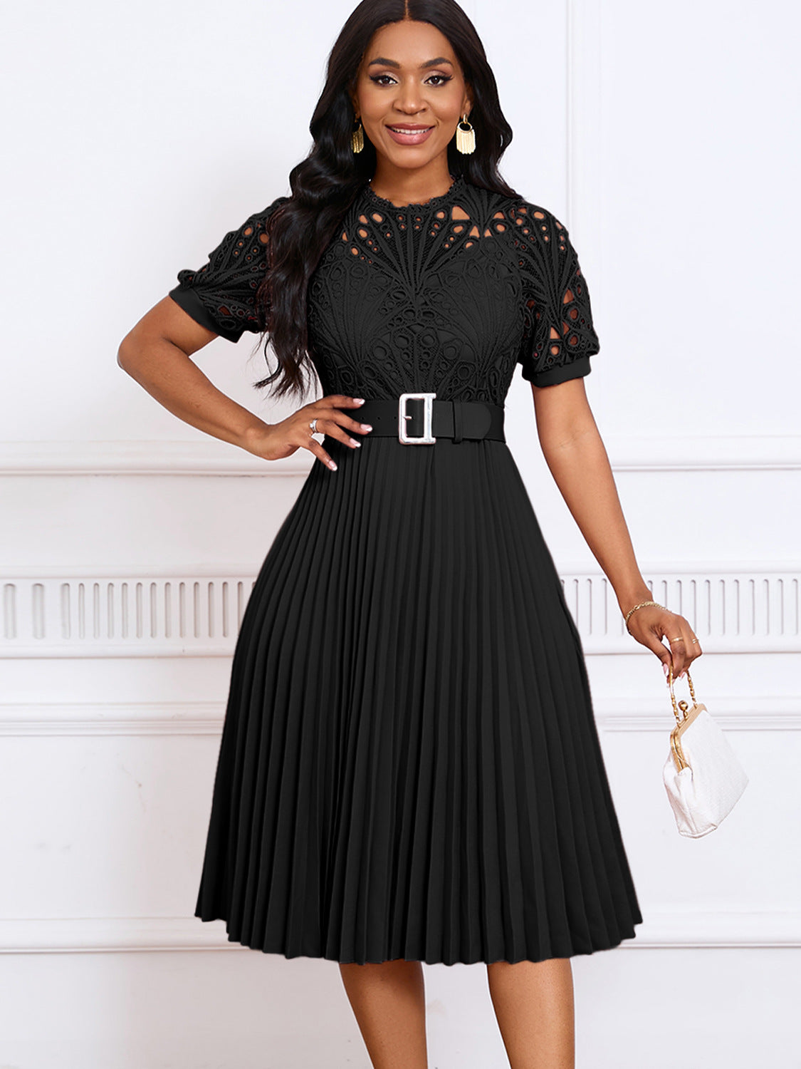 Women's Short-Sleeved Lace Stitching Pleated Dress Cross-Border Dress