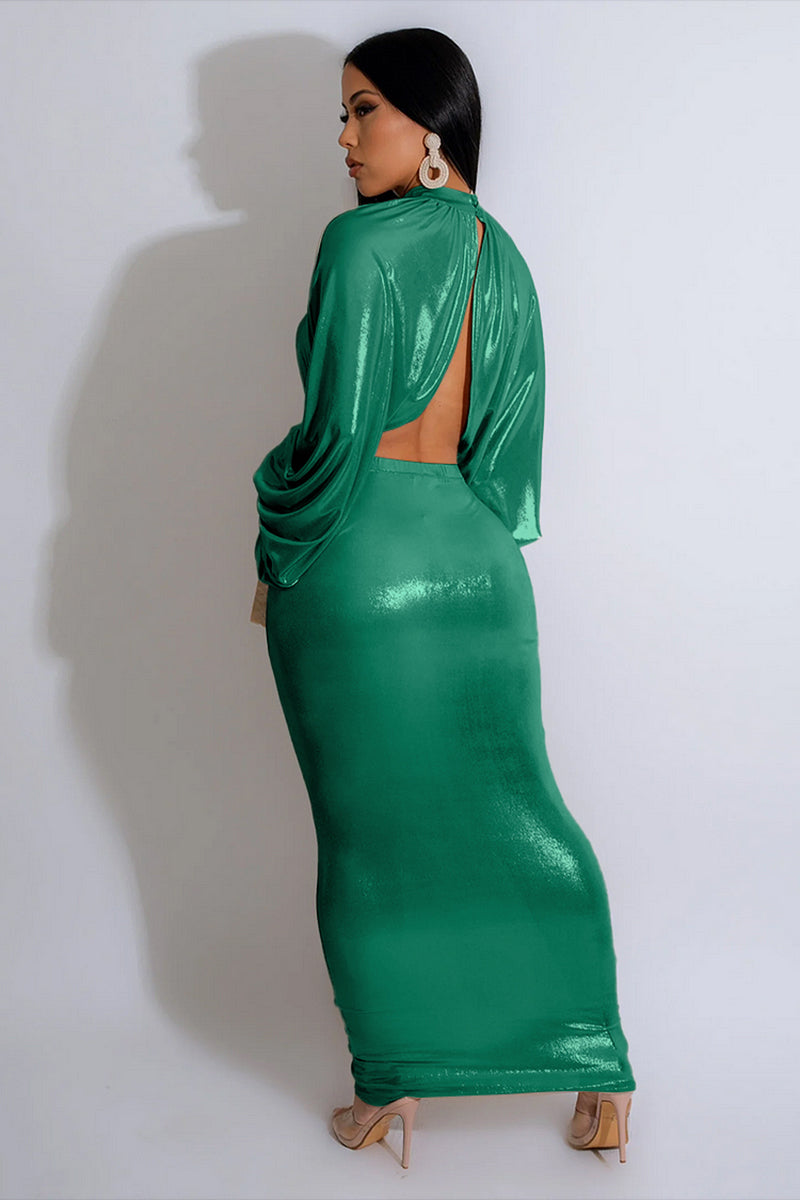 High Neck Long Lantern Sleeve Irregular Hem Top Ruched Maxi Skirt Bronzing Party Matching Set