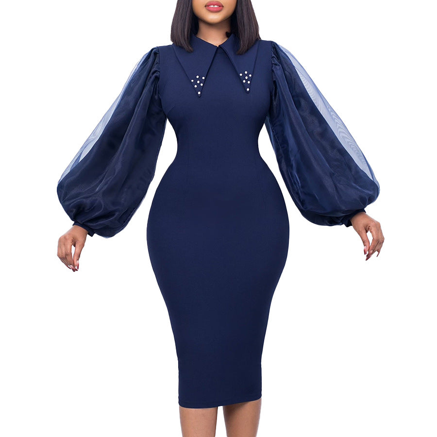 Women's Long Sleeve plus Size Sheath Beaded Mesh Stitching Commuter Pencil Skirt Dress