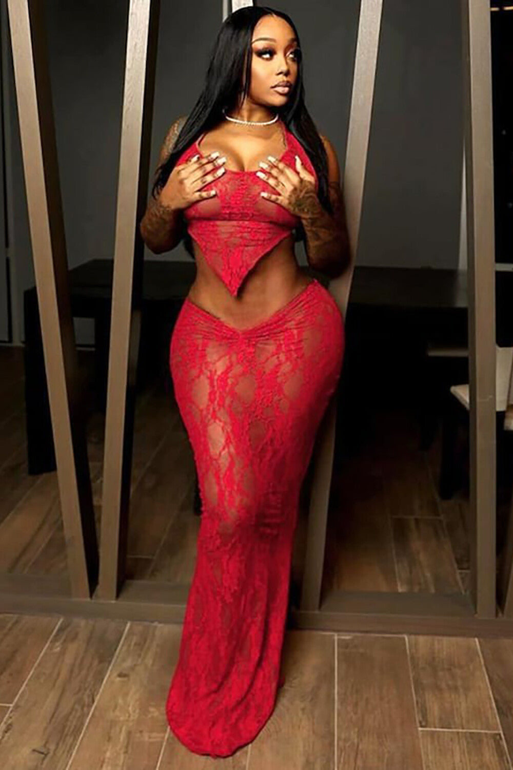 Lace Halter Neck Backless Irregular Crop Top Bodycon Maxi Skirt 2pcs Set-Red