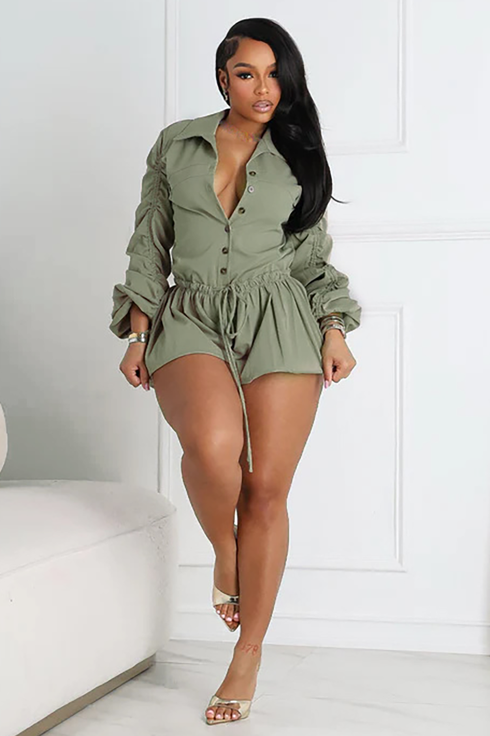 Turndown Collar Long Sleeve Button Up Tie Up Plain Playsuit Romper-Khaki