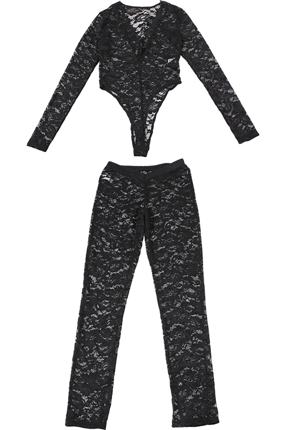 Deep V Neck Long Sleeve Bodysuit Floral Lace Slim Fit Pants 2pcs Set-Blue