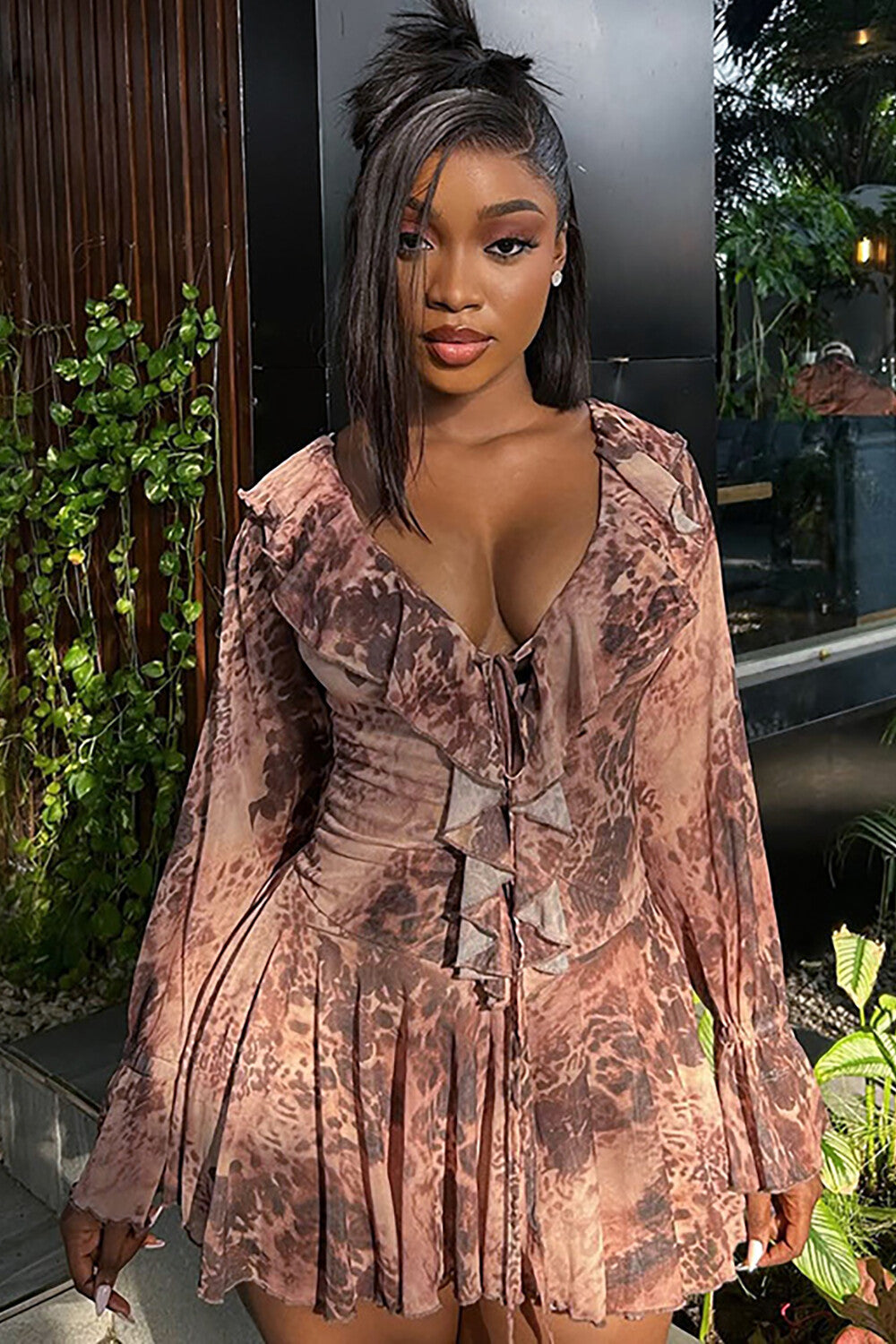 Deep V Neck Long Sleeve Leopard Print Ruffled Mini Dresses-Brown