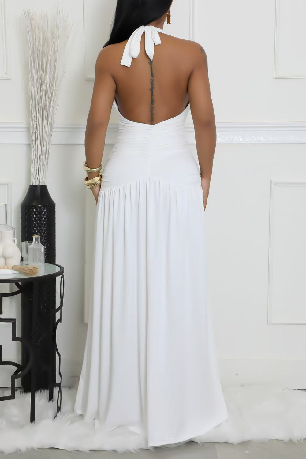 Deep V Neck Ruched Cinch Waist High Slit Halter Maxi Dresses-White