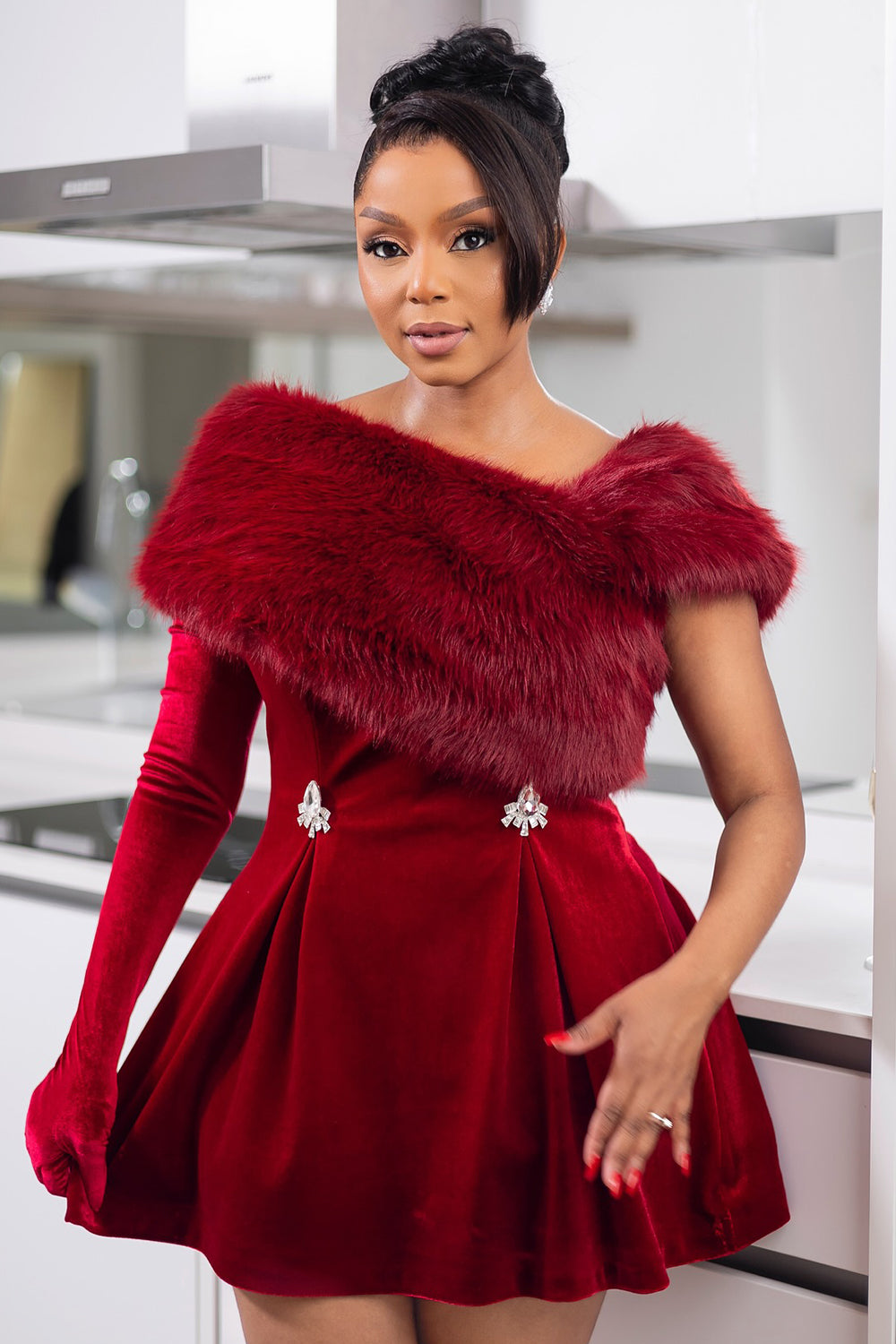 Off Shoulder Fuzzy Wrapped Rhinestone Pleated Party Velvet Mini Dresses-Red