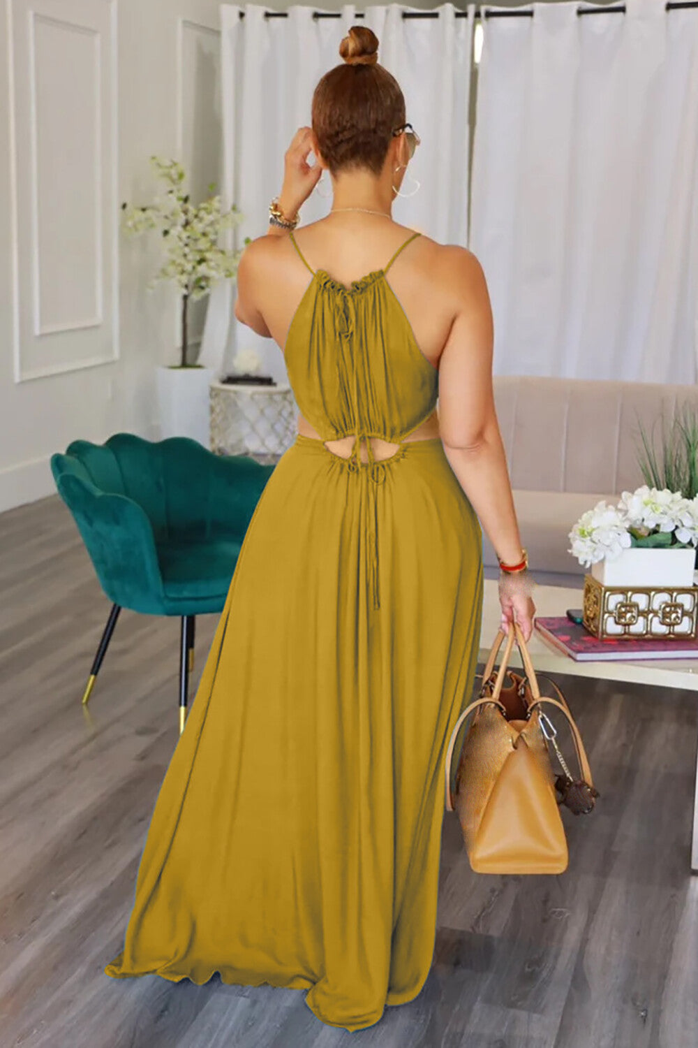 Sleeveless Cutout Solid Color Vacation Slip Maxi Dresses-Green