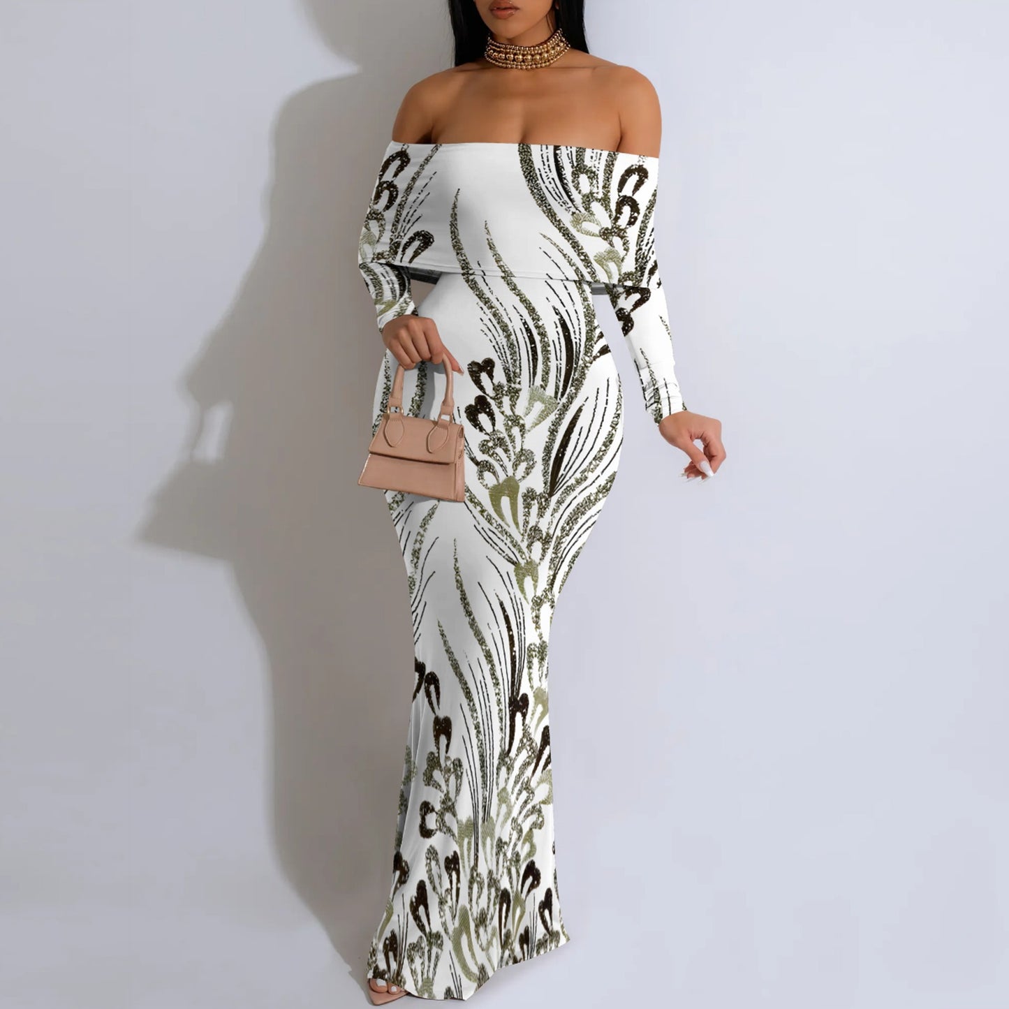 Women's Elegant off-Neck Evening Dress Printed Black Dress