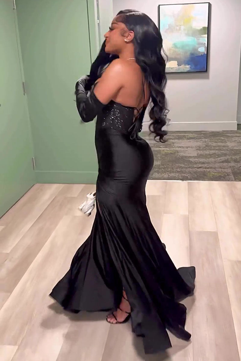 Tiktok Halter Mermaid Hem High Slit Party Corset Maxi Dresses-Black