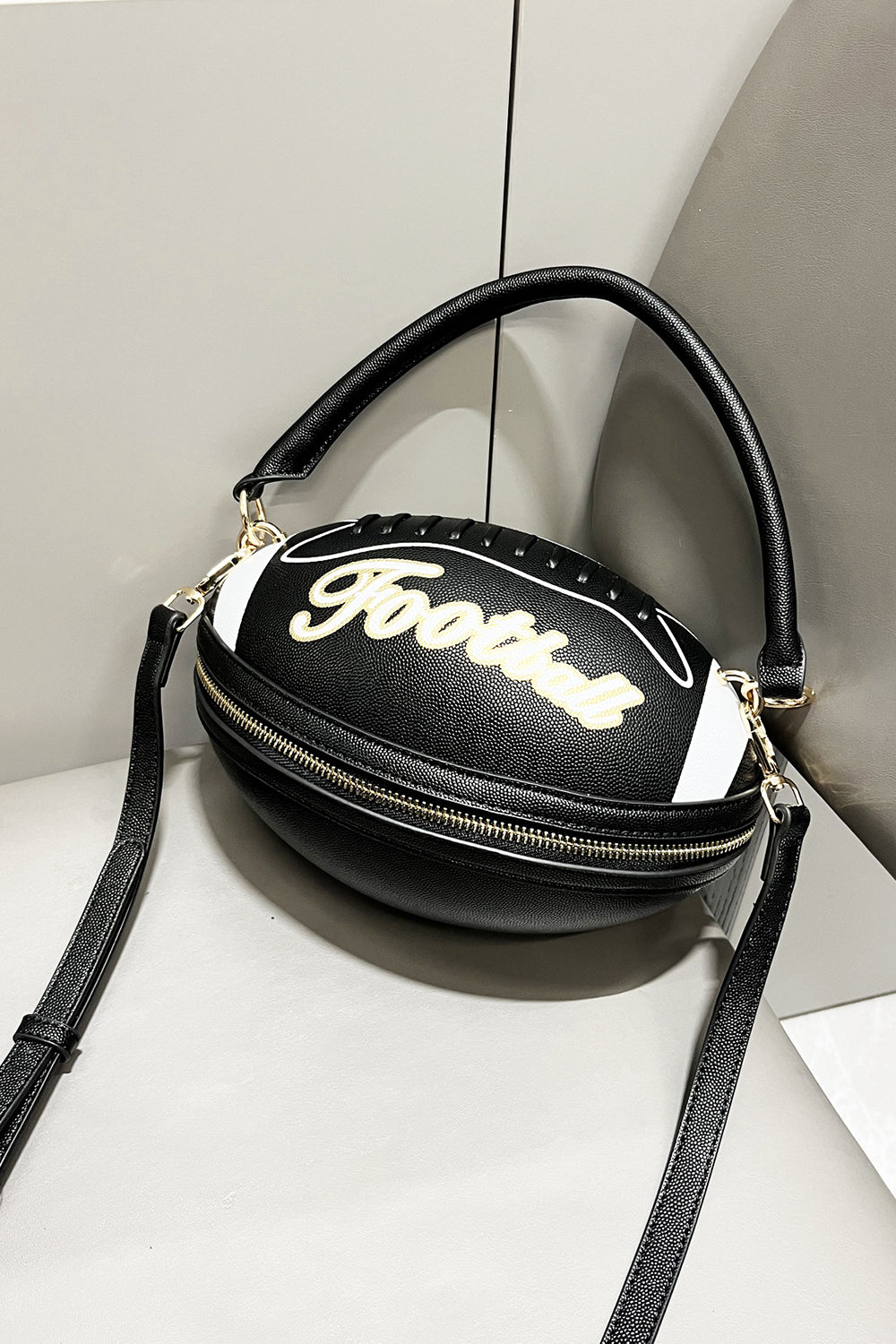 Letter Colorblock Print Zipper American Football Shaped Handbag