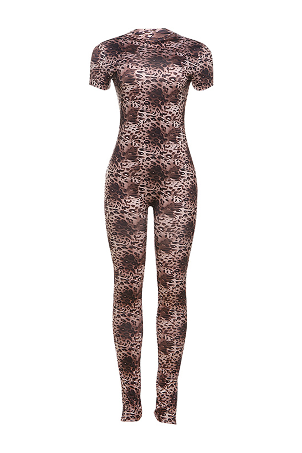 Leopard Print Slim Fit Short Sleeve Open Back Jumpsuit-Brown