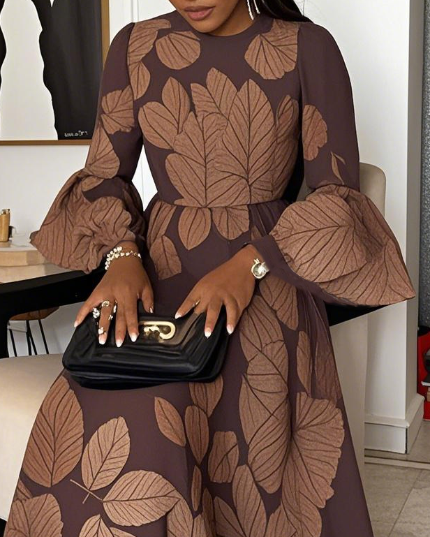 Women Fashion Elegant Formal Round Neck 3/4 Sleeves Leaf Pattern Maxi Dress