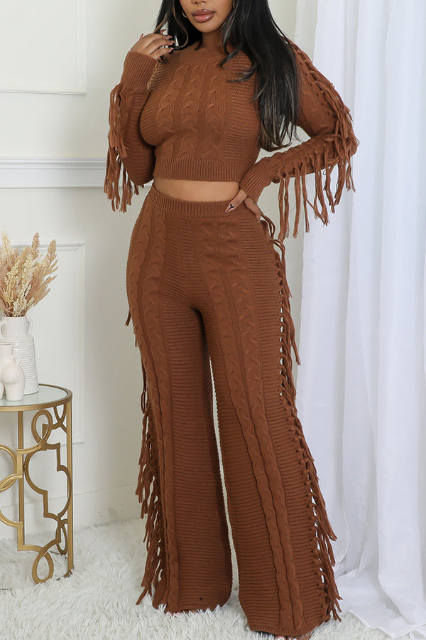 Stylish Fringes Knitted Sweater & Pants Set