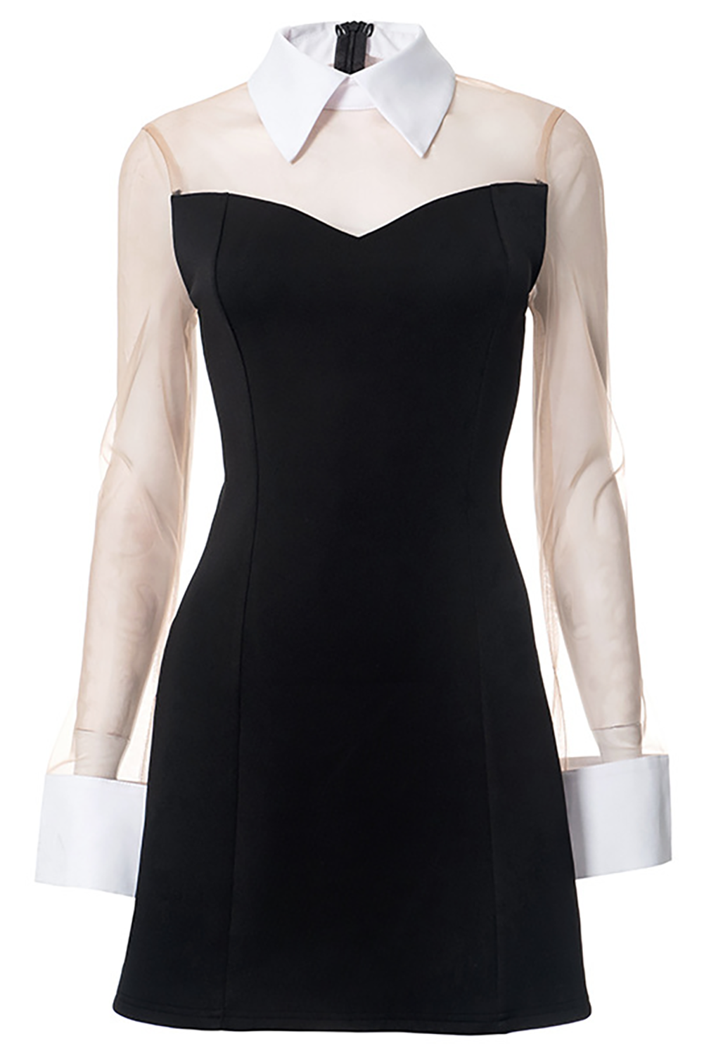 Mesh Patchwork Turndown Collar Long Sleeve Fitted Mini Dresses-Black