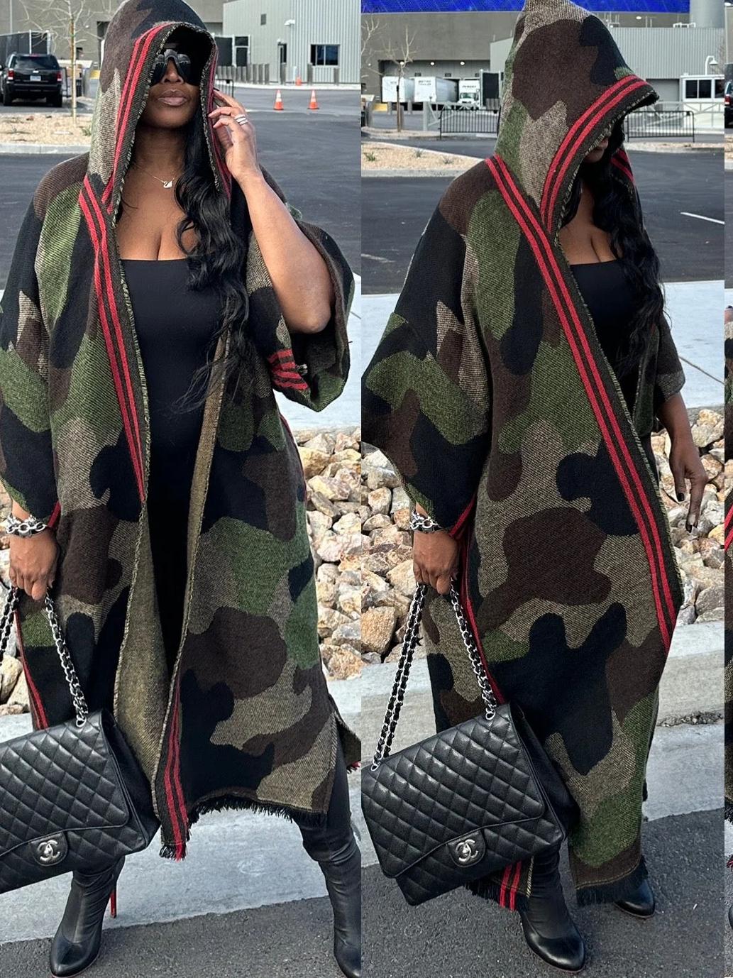Hooded Camo Is The New Black Winter Open Front Long Cardigan