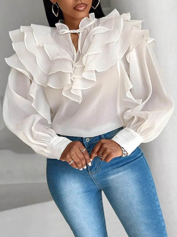 Loose Puff Sleeves Floral Gauze Lace-Up Pleated See-Through Solid Color Stand Collar Blouses