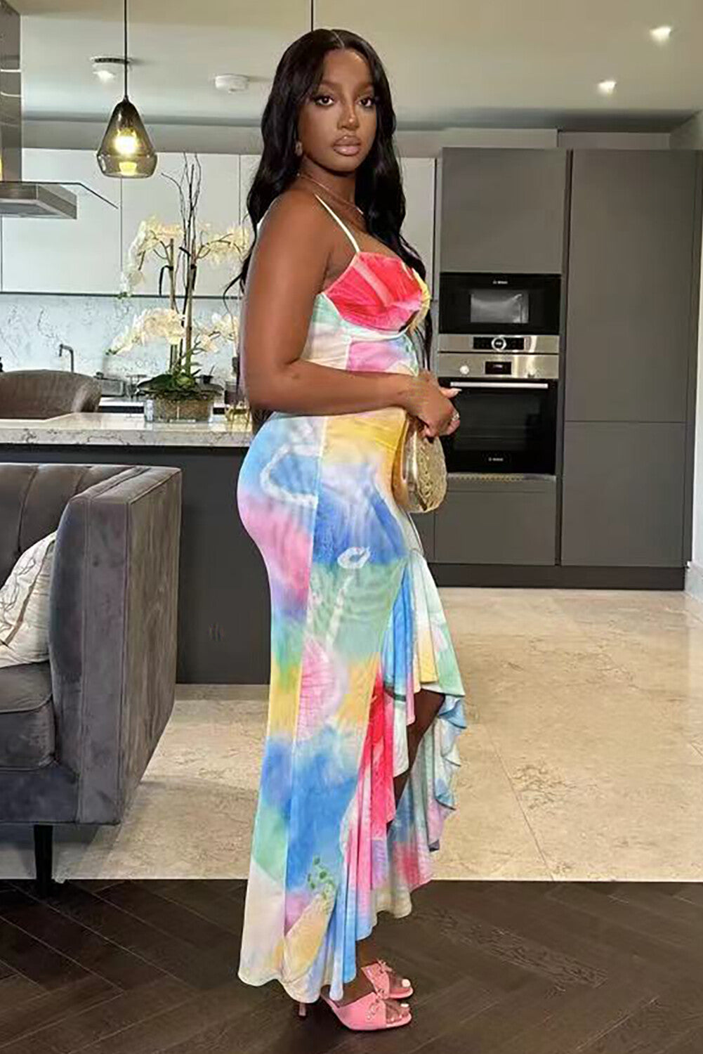 Floral Print Cutout Bodycon Ruffled Slit Strappy Maxi Dresses-Yellow