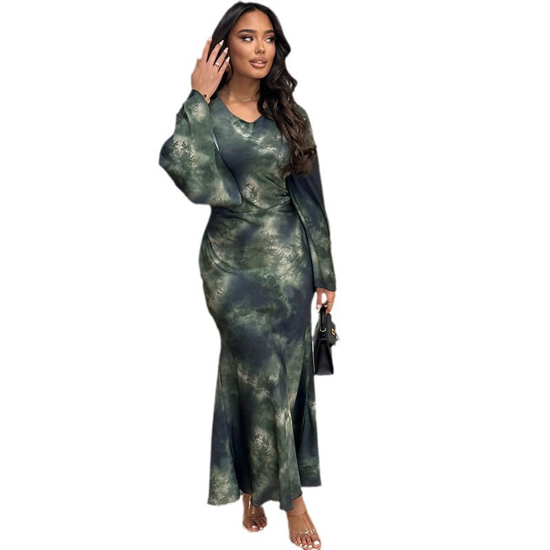 round Neck Dress Printed Bell Sleeve Slim Fit Pullover Street Mid-Rise Fishtail Dress