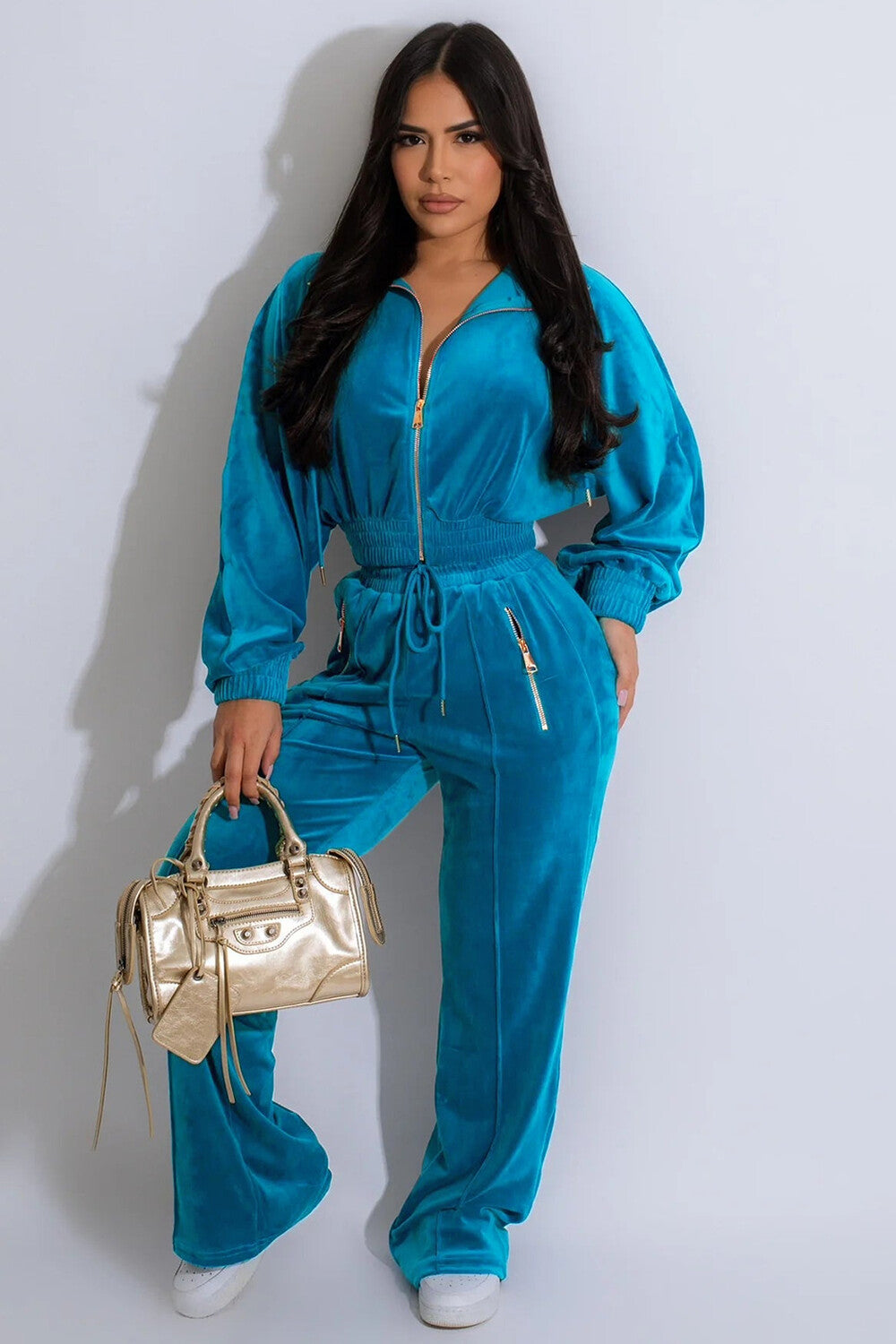 Velvet Turndown Collar Crop Track Jacket Solid Color Pants 2pcs Set-Green