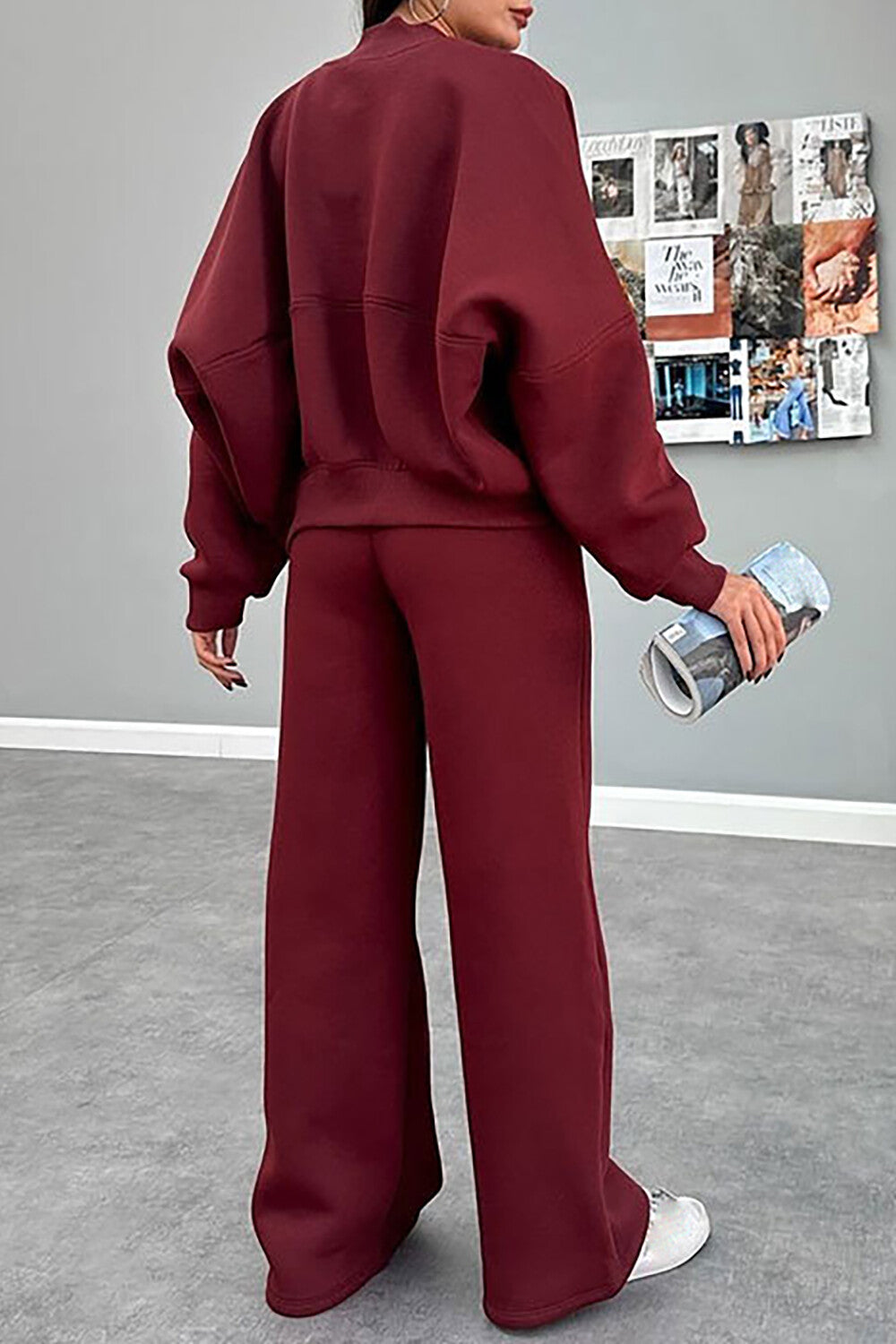Solid Color Long Sleeve Zipper Track Jacket Casual Pants 2pcs Set-Brown
